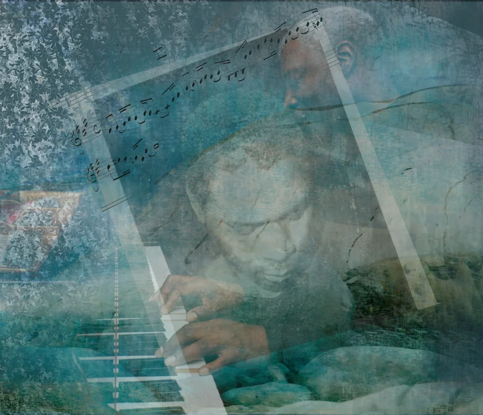 Portrait of face superimposed over portrait of playing piano with floating musical score.